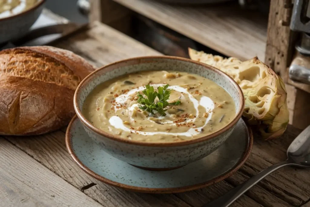 Creamy Artichoke Soup served with a swirl of cream and parsley.