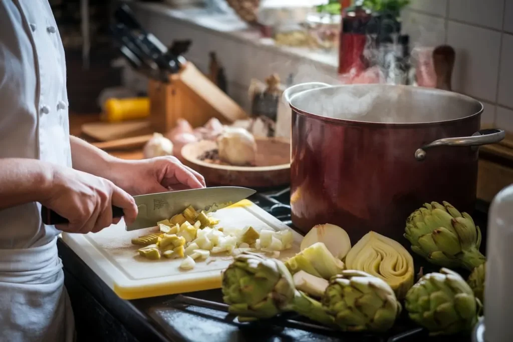 Chef chopping fresh artichokes and sautéing ingredients for artichoke soup.