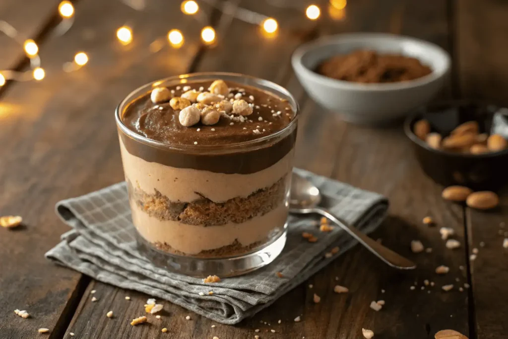 Chocolate Hazelnut Dessert in a Glass with whipped cream and hazelnut topping.