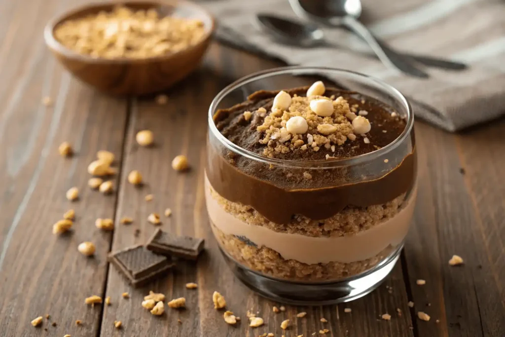 Preparing Chocolate Hazelnut Dessert in a Glass with whipped Nutella cream and crushed biscuits.