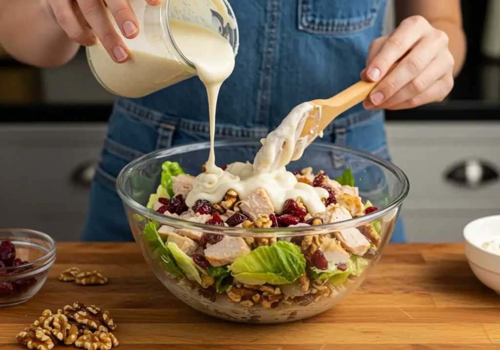 Preparing a creamy Cranberry Walnut Chicken Salad with fresh ingredients and dressing.