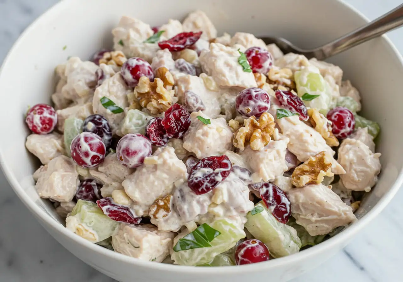 Creamy Cranberry Walnut Chicken Salad in a bowl, garnished with fresh herbs.