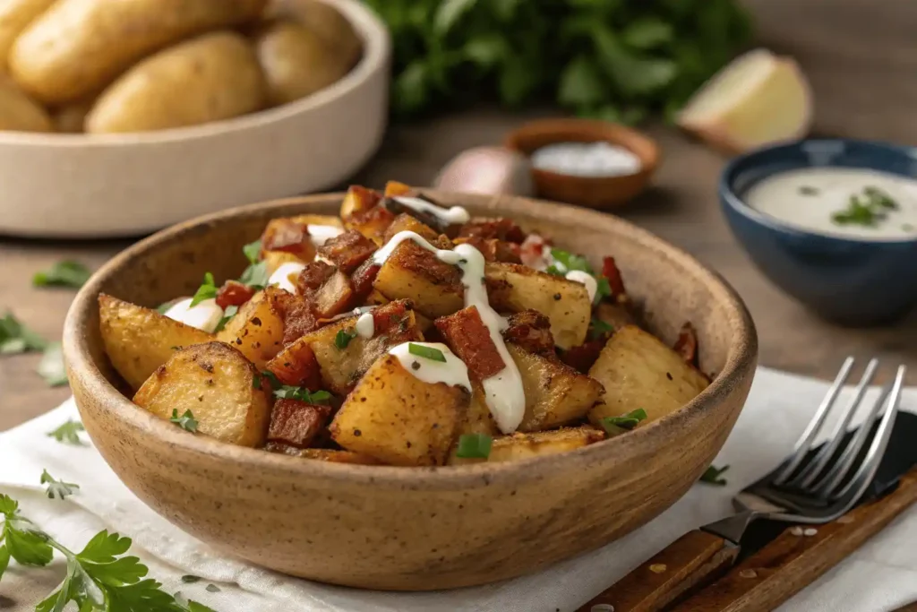 A bowl of crispy potato salad with golden-brown potatoes, fresh herbs, and creamy