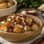 A bowl of crispy potato salad with golden-brown potatoes, fresh herbs, and creamy