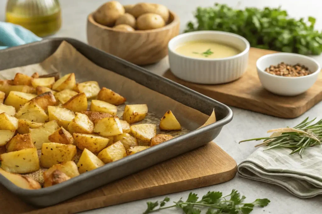 Roasted potatoes being tossed in seasoning for a crispy potato salad.