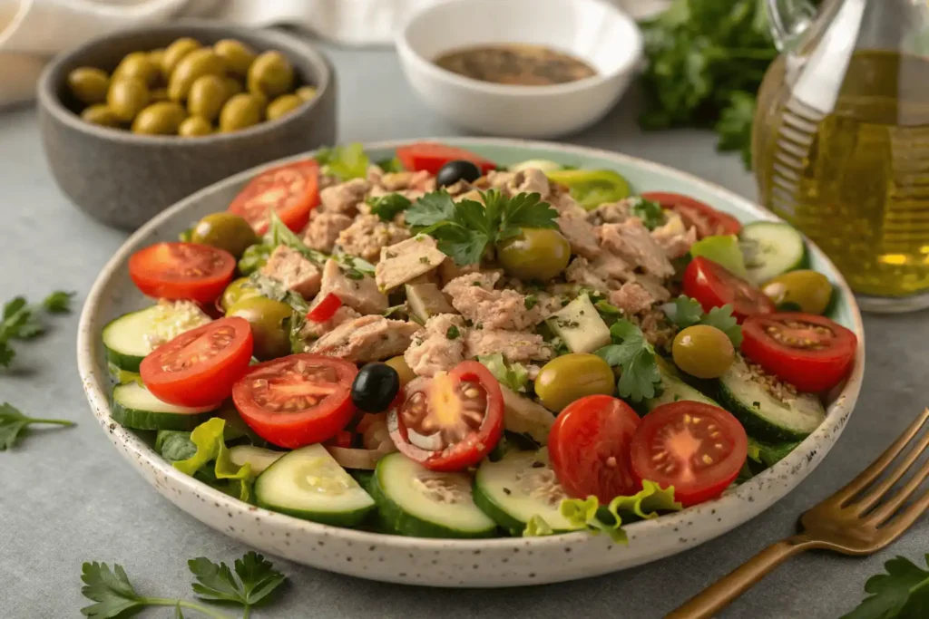 A bowl of fresh Italian Tuna Salad with tuna, tomatoes, cucumbers, and parsley.