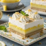 Lemon Lush Dessert with whipped topping, lemon zest, and mint garnish