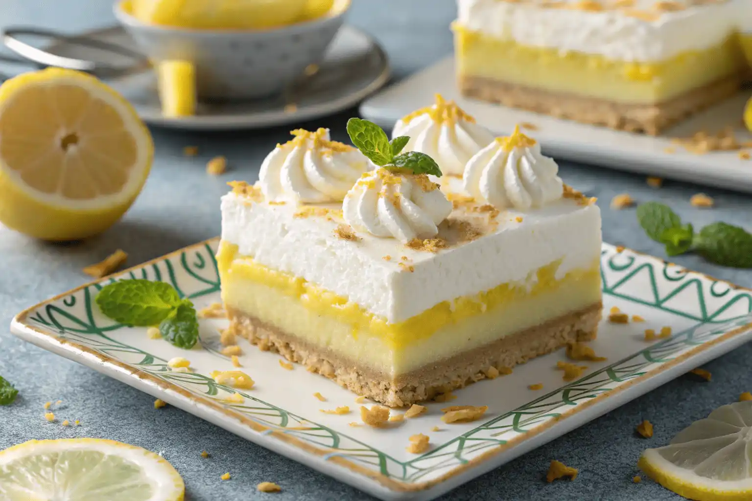 Lemon Lush Dessert with whipped topping, lemon zest, and mint garnish