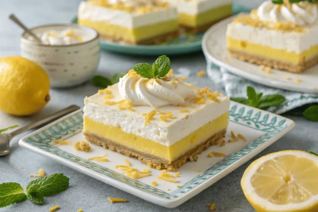 Preparing Lemon Lush Dessert with graham cracker crust and lemon filling.