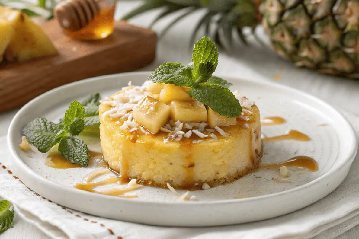 A beautifully plated pineapple dessert with fresh mint and coconut flakes.