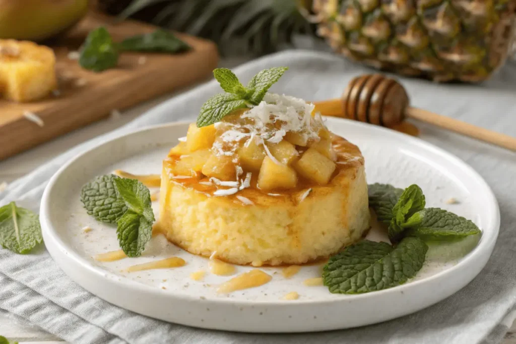 plated pineapple dessert with fresh mint and coconut flakes.