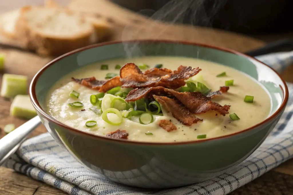 Creamy potato leek soup with crispy bacon and chives in a rustic bowl.