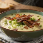 Creamy potato leek soup with crispy bacon and chives in a rustic bowl.