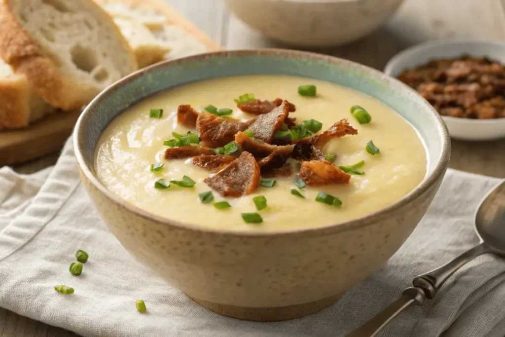 Cooking potato leek soup with leeks, potatoes, and bacon on the stove.