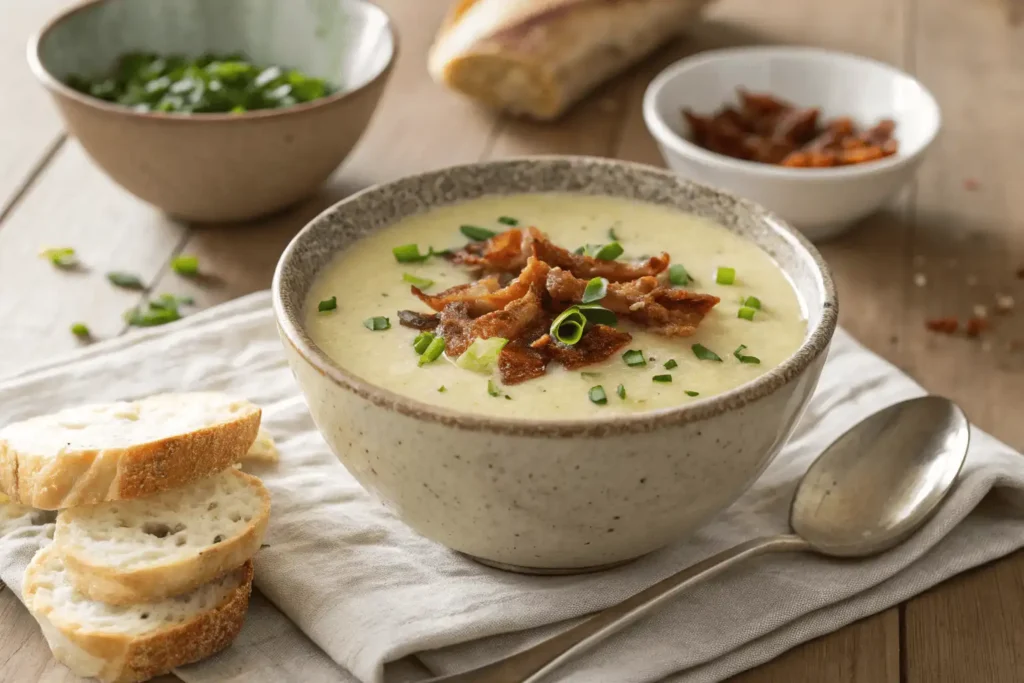  potato leek soup with potatoes, leeks, and bacon simmering on the stove.