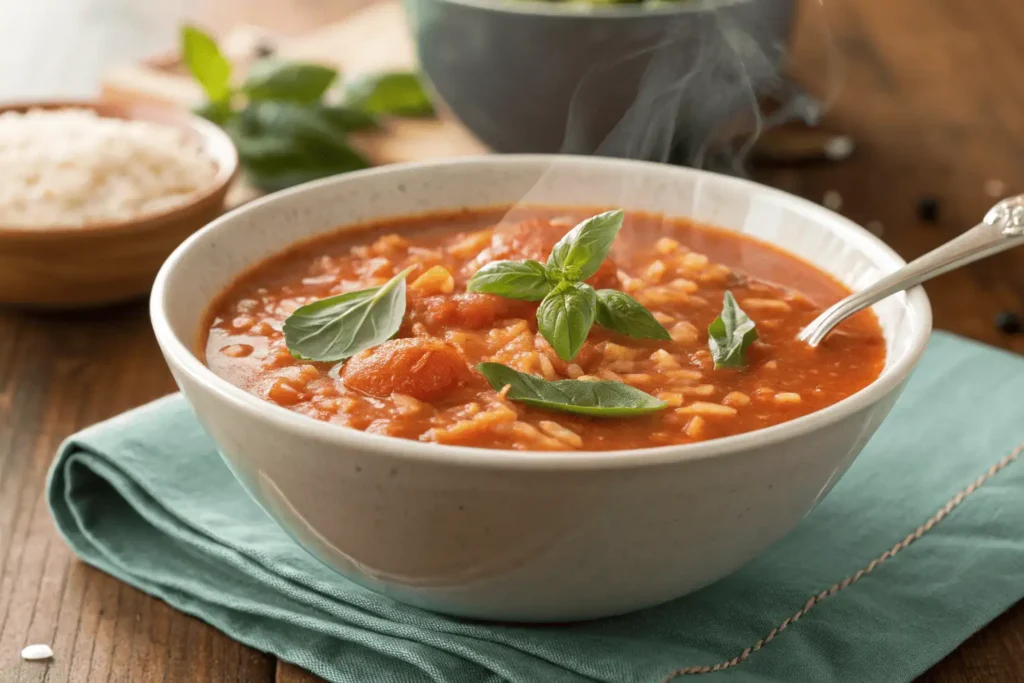 Bowl of tomato rice soup with ground tomatoes and fresh basil.