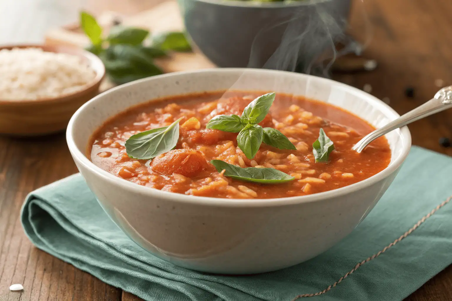 Bowl of tomato rice soup with ground tomatoes and fresh basil.