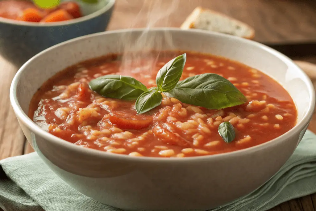 Person cooking tomato rice soup with ground tomatoes in a kitchen.