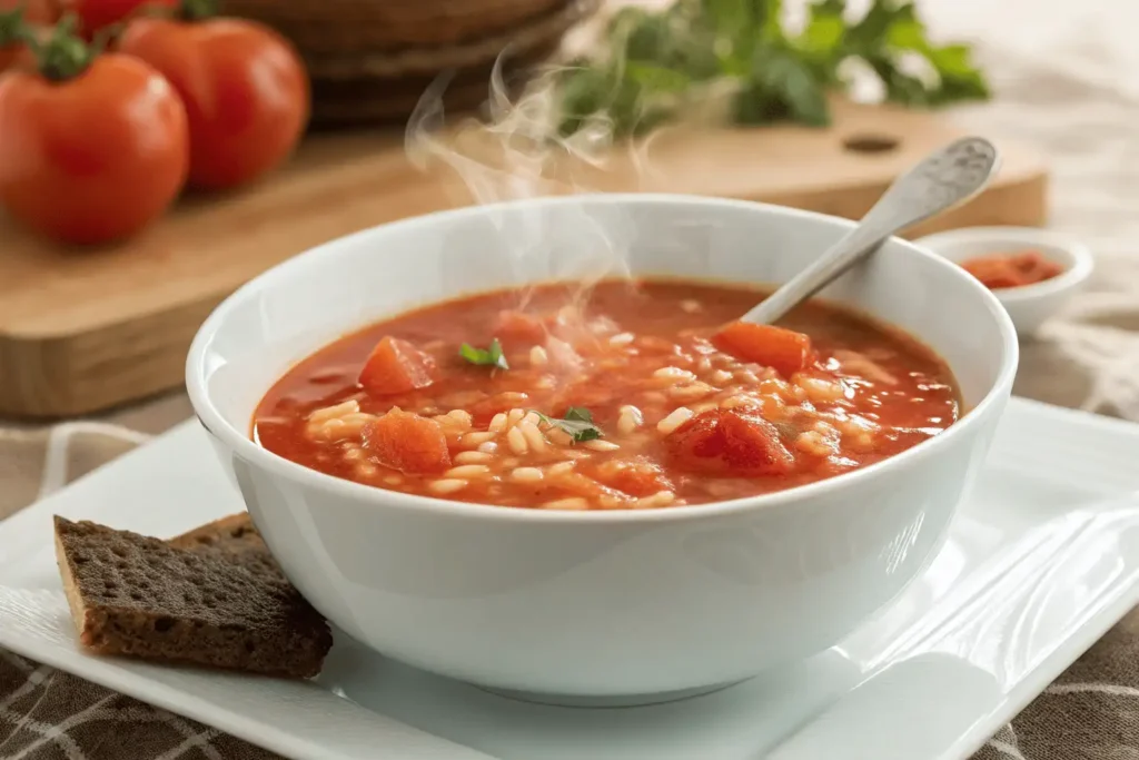 tomato rice soup with ground tomatoes and fresh basil.